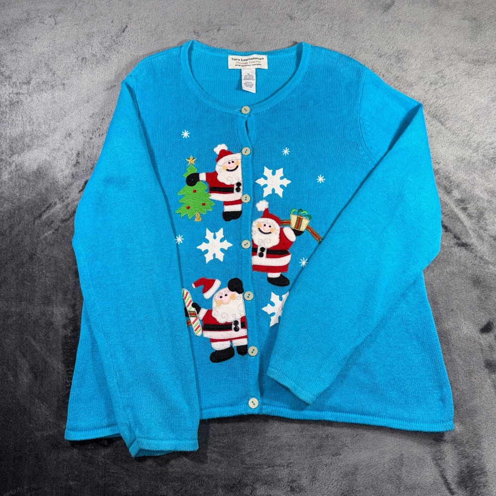 Tiara International Christmas Santa Snowflake Cardigan Sweater Blue XL Holiday